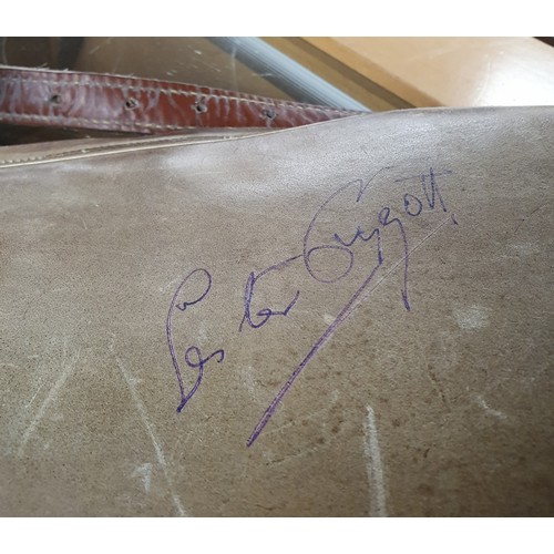 203 - A signed Lester Piggott Leather Racing Saddle, and weighs approx 1.1kg. Comes with a photograph of L... 