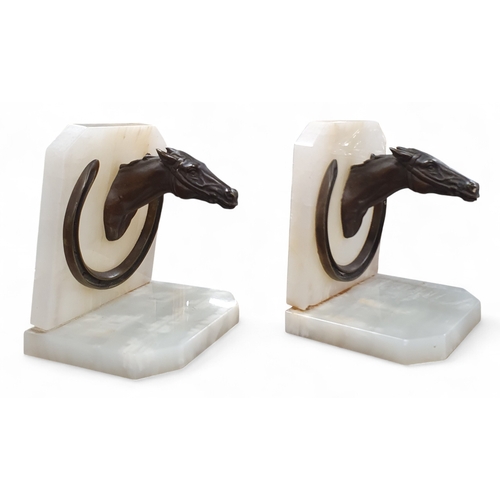206 - A good pair of Marble and Bronze equestrian Bookends.