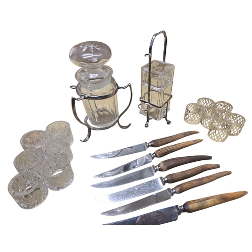 315 - Two sets of Napkin rings, two Condiments along with a set of six Newbridge steak knives.