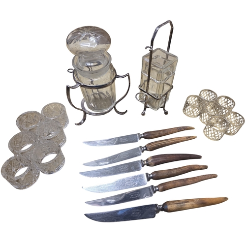 315 - Two sets of Napkin rings, two Condiments along with a set of six Newbridge steak knives.