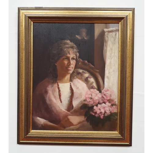 36 - A 20th Century Oil on Canvas of a Portrait of a Woman sitting in a chair with flowers. No apparent s... 