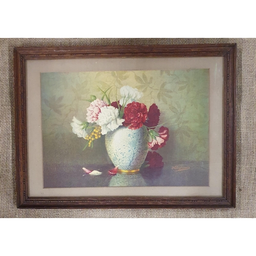 62 - An early 20th Century colour Print still life of flowers in a vase on a table stetting in an origina... 