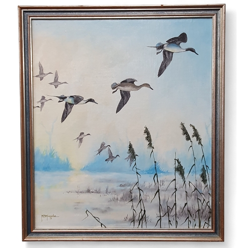 74 - An MJS Mckenzie 20th Century Oil on Board of Ducks in full Flight signed LL.
H 50 x 43 cm approx.