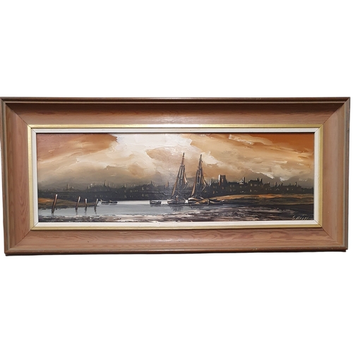 89 - S. Elliot. A 20th Century Oil On Board of boats in an estuary setting with a city in the distance. S... 