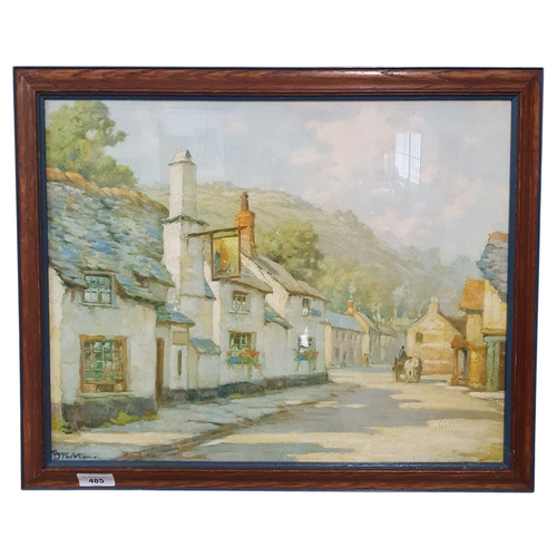 102 - Two coloured Prints of Town scenes along with an Oil on Board of a River Scene which may be Stowe Ga... 