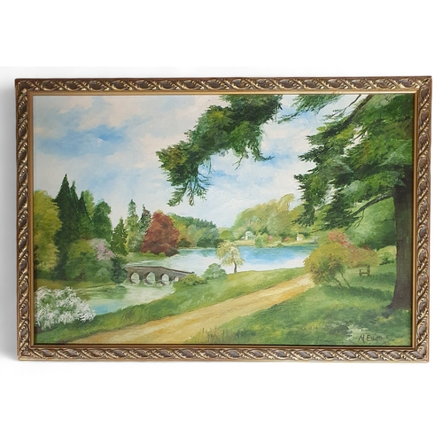 102 - Two coloured Prints of Town scenes along with an Oil on Board of a River Scene which may be Stowe Ga... 