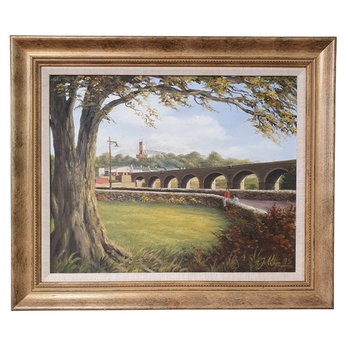 207 - M Fuller. A 20th Century Oil on Canvas of a railway bridge running into an industrial setting with p... 