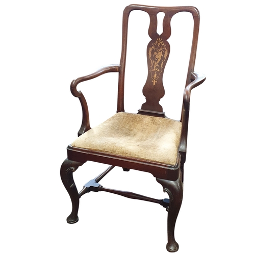 333 - A good 19th Century Mahogany and Inlaid Carver with a highly inlaid back and simple carved Queen Ann... 