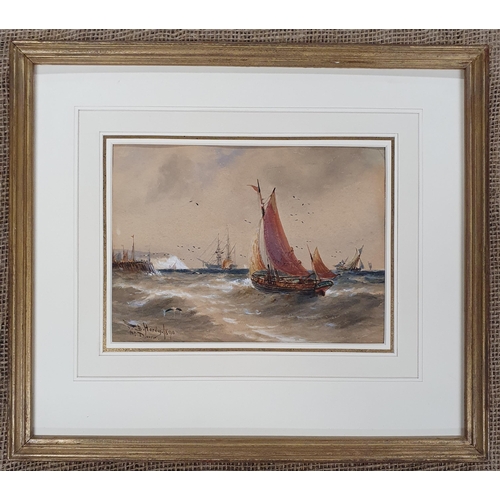 354 - Thomas Bush Hardy. A 19th Century Watercolour of sailing ships on a choppy sea. Off Dover. Signed LL... 