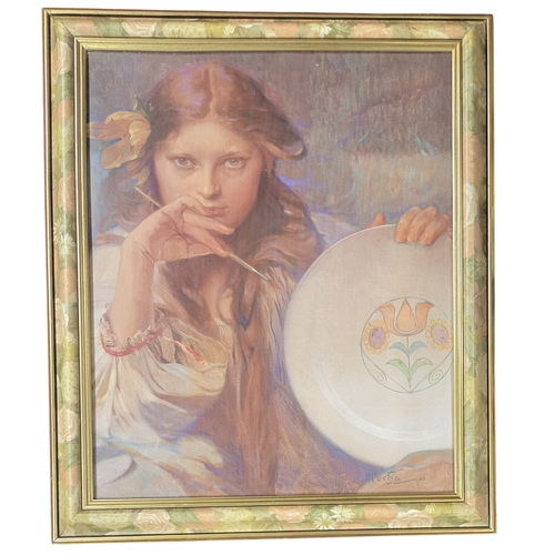 After Alphonse Mucha an Art Nouveau style and well framed coloured Print of a beautiful woman.
H 80 x W 67 cm approx.