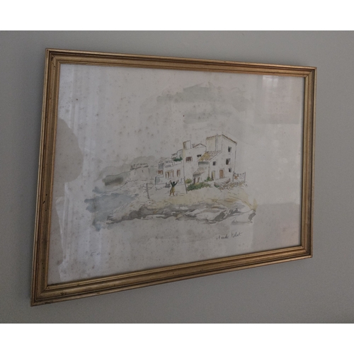 6 - Claude Tabet.  A 20th Century Watercolour of a Woman hanging out her washing. Signed LR. 38 x 52 cm ... 