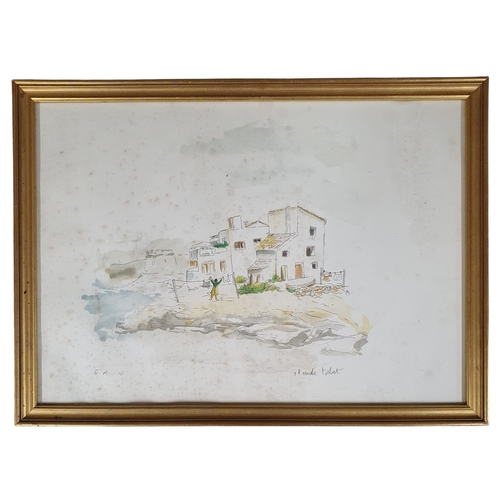 6 - Claude Tabet.  A 20th Century Watercolour of a Woman hanging out her washing. Signed LR. 38 x 52 cm ... 