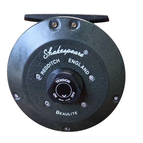 77 - Shakespeare Beaulite by J W Young 4.25″ wide drum salmon fly reel, mint condition.