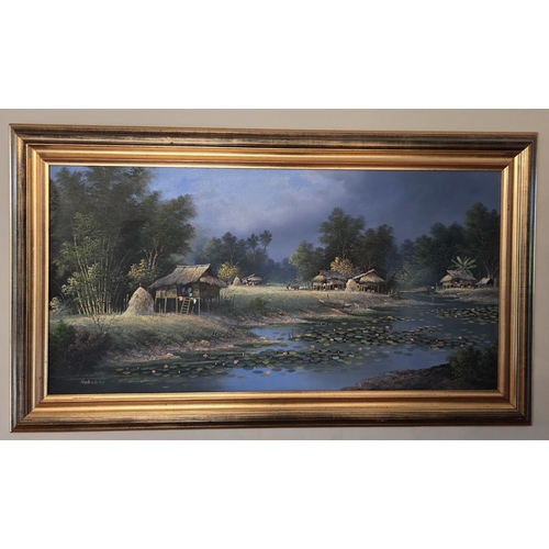 103 - A 20th Century Oil on Canvas of a fishing village. Indistinctly signed LL. 50 x 100 cm approx.