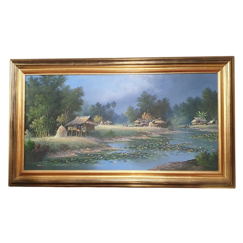 103 - A 20th Century Oil on Canvas of a fishing village. Indistinctly signed LL. 50 x 100 cm approx.