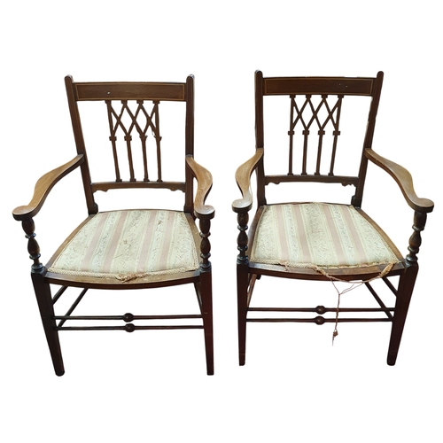 468 - A pair of Edwardian Mahogany and Inlaid Carver Chairs. W 41 x SH 53 x BH 85 cm approx.