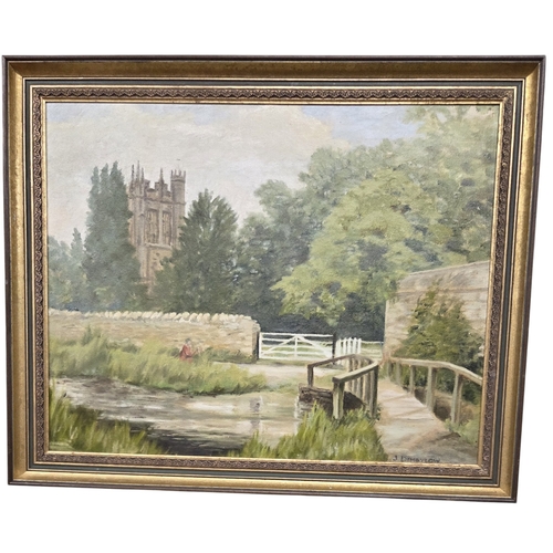 205 - An Oil on Board of a river bridge with a church in the distance. Indistinctly signed LR. 38 x 49 cm ... 