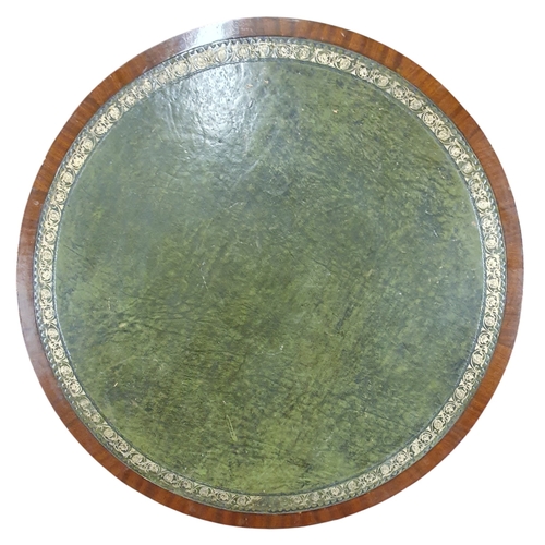 224 - A good Mahogany and Veneered circular Drum Table with green leather tooled inserted top on a tripod ... 