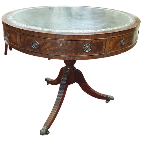 224 - A good Mahogany and Veneered circular Drum Table with green leather tooled inserted top on a tripod ... 