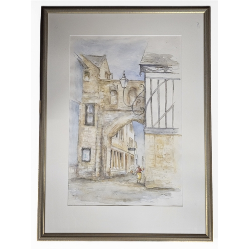 186 - A Morse. A 20th Century Watercolour of a woman walking towards a museum, signed LR. 49 x 32 cm appro... 
