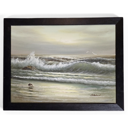 217 - A 20th Century Oil On Canvas of a seashore with waves breaking on rocks, signed indistinctly LR. 29 ... 