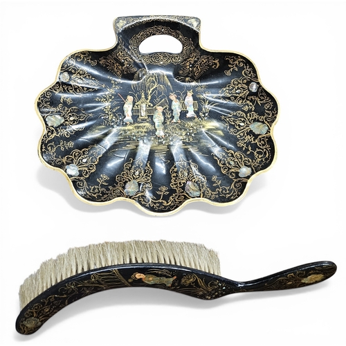 230 - A fantastic 19th Century Papier and Mache chinoiserie Crumber and Brush, with Mother of Pearl and gi... 