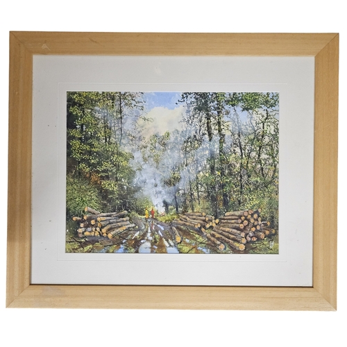 202 - A 20th Century Acrylic/Oil On Paper by John Hiscocks 'Logging activities'. Monogramed LR.
48 x 56 cm... 