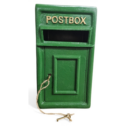 456 - A Cast Iron wall mounted post Box with two keys.
W 24 x 26 x H 44 cm approx.