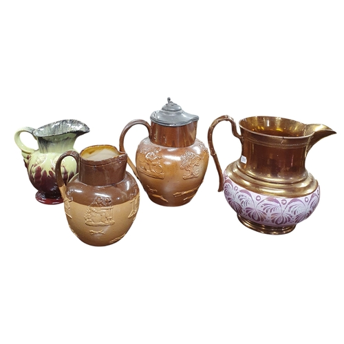 853 - Four Staffordshire Antique Copper Lustre Majolica Ceramic Jugs and Pitchers likely dating back to th... 