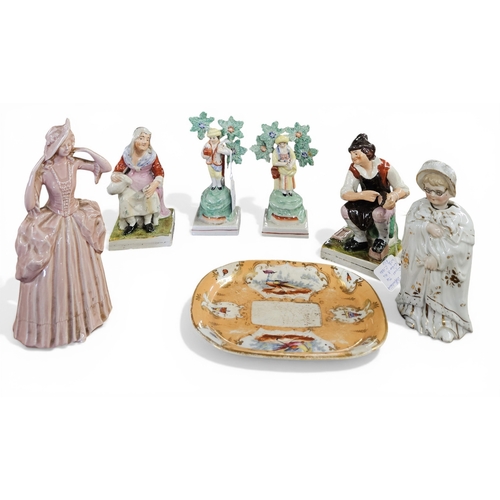 846 - A quantity of Dresden Dinnerwares along with a quantity of Staffordshire and other figures on the ch... 