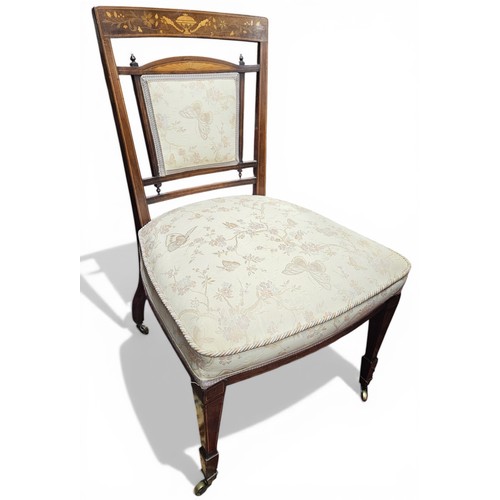 446 - An Edwardian Rosewood and Inlaid Salon Chair with butterfly upholstered seat and back on square tape... 