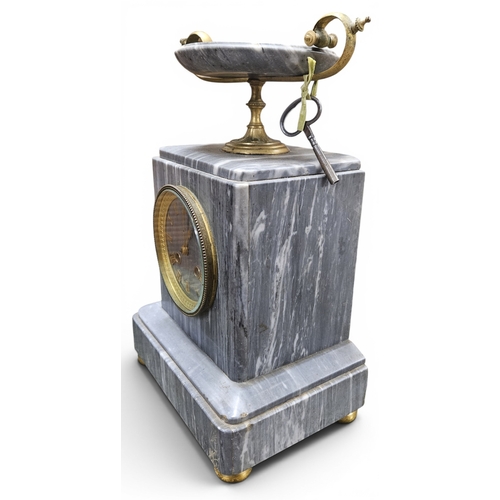 8 - A good 19th Century Marble Mantel Clock with grey marble outline ormolu brass and bezel on turned or... 