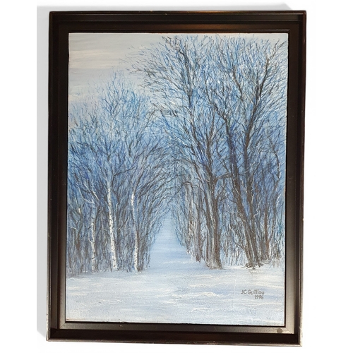 9 - J C Guillou. A 20th Century Oil on Board of a winter scene. 62 x 47 cm approx.