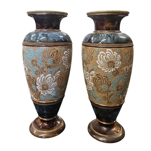 108 - A lovely pair of Doulton Lambeth salt glaze Vases. H 28 cm approx.