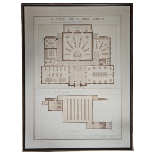 105 - An early 20th Century hand drawn floor plan of a building for the design of a Public Library. 60 x 8... 