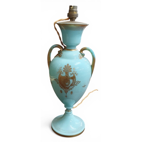85 - A good 19th Century Glass Table Lamp with hand painted gilded decoration. H 41 cm approx.