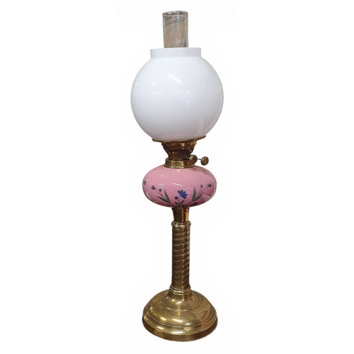83 - A good 19th Century Brass and Glass Oil Lamp with hand painted pink bowl and cloudy glass shade. H 6... 