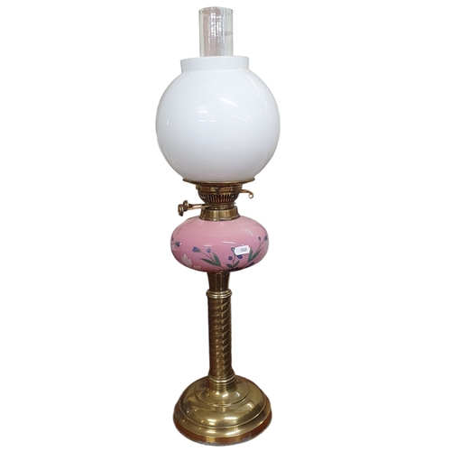 83 - A good 19th Century Brass and Glass Oil Lamp with hand painted pink bowl and cloudy glass shade. H 6... 