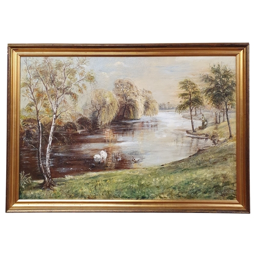 71 - Mary Mills. A 20th Century Oil on Canvas of a Man fishing beside a River with Swans and Signets. Sig... 
