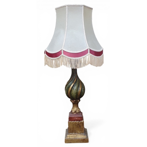 54 - A really good carved tulip shape Timber Table Lamp of large size with shade. H 92 cm approx.