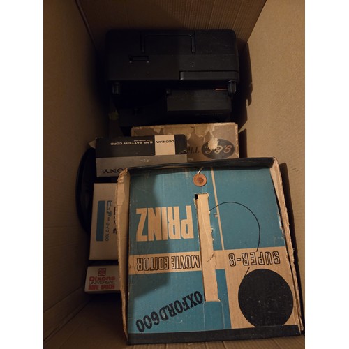 1 - Two old Vintage Record Players, one is for singles, along with a box of Vintage Camera equipment.
