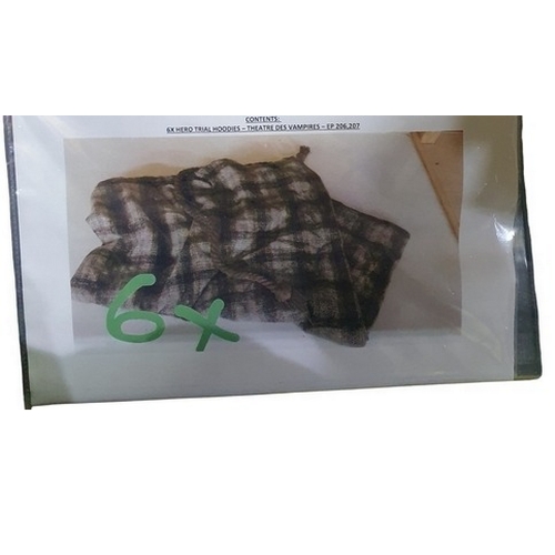 6 - A large black Throw along with a box of assorted Fabrics and Hero Hoodie Bags.
