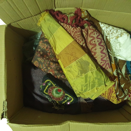 6 - A large black Throw along with a box of assorted Fabrics and Hero Hoodie Bags.
