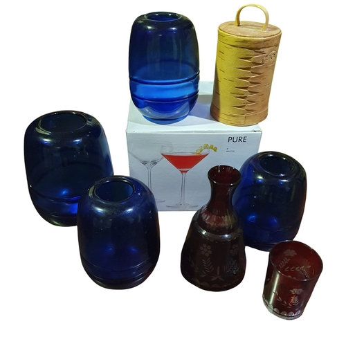 18 - A Group of Film Prop items to include Blue Glass Vases, cocktail Glasses ect.
