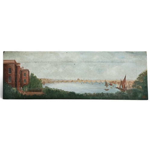 753 - A 19th Century Oil of Panel of a prominent building beside an Estuary. H 30 x 90 cm approx.