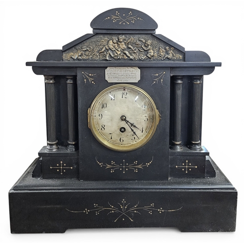 18 - A 19th Century Black slate Mantel Clock. 39 x 13 x H 37 cm approx.