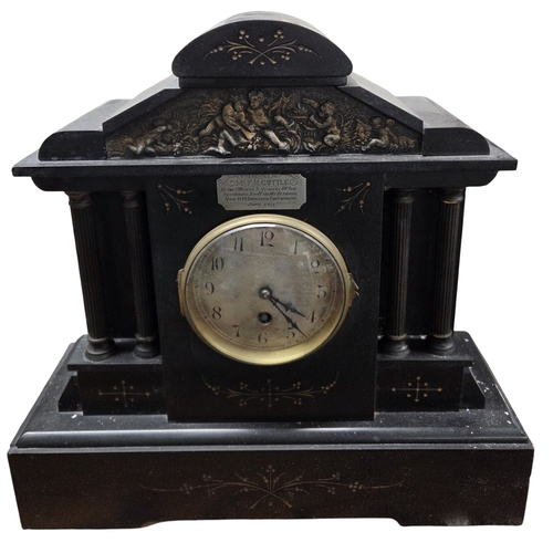 18 - A 19th Century Black slate Mantel Clock. 39 x 13 x H 37 cm approx.