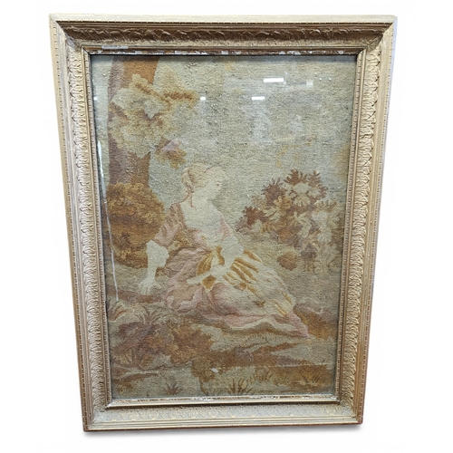 19 - A well framed 19th Century Tapestry of a beautiful Woman sitting beside the base of a tree stump. 95... 