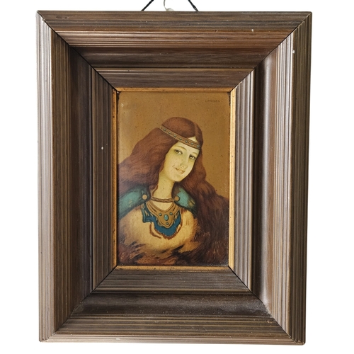 23 - A hand painted Limoges Plaque of a Norse Woman. 13 x 9, frame 25 x 20 cm approx.