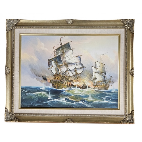 34 - A 20th century Oil on Canvas of two Destroyers in full battle, signed indistinctly LR J Hanny. 30 x ... 